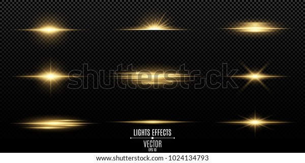 Set\
of flashes, lights and sparks. Abstract golden lights isolated on a\
transparent background. Bright gold flashes and glares. Bright rays\
of light. Glowing lines. Vector illustration. EPS\
10