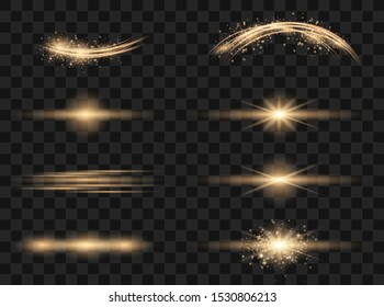 Set of flashes, lights and sparks.  Glowing lines. Vector blur in the light of radiance. Element of decor. Horizontal rays of light. Bright gold flashes and glares.