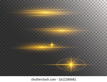 Set of flashes, lights and sparks. Golden lights effects isolated on a transparent background. Bright gold flashes and glares. Bright rays of light