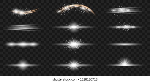 Set of flashes, lights and sparks. lights isolated on a transparent background.  Glowing lines. Vector blur in the light of radiance. Element of decor. Horizontal rays of light.