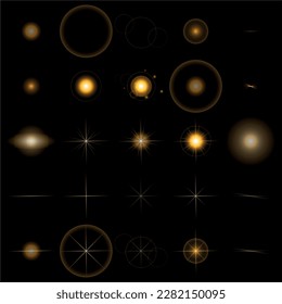 Set of flashes, lights and sparks on transparent background.Bright golden flashes and glare abstract golden glow isolated bright rays of light glowing lines vector illustration stock eps 10.
