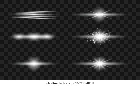 Set of flashes, lights and sparks. A Vector blur in the light of radiance. Element of decor. Horizontal rays of light. Bright gold flashes and glares. 