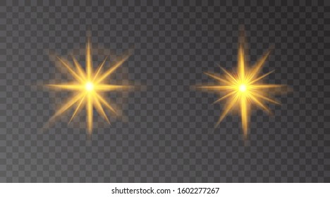 Set of flashes, star burst and sparkles on transparent background. golden glowing effect with light rays. Vector illustration.