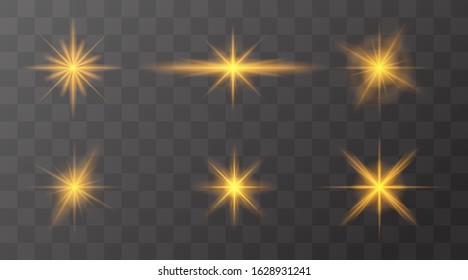Set of flashes, star burst and sparkles on transparent background. golden glowing effect with light rays. Vector illustration.