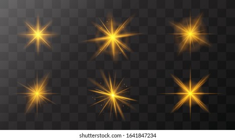 Set of flashes, star burst and sparkles on transparent background. golden glowing effect with light rays. Vector illustration.
