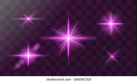 Conjunto de destellos, ráfagas de estrellas y chispas sobre fondo transparente. efecto brillante dorado con rayos de luz. Ilustración vectorial.