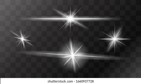 Set of flashes, star burst and sparkles on transparent background. golden glowing effect with light rays. Vector illustration.