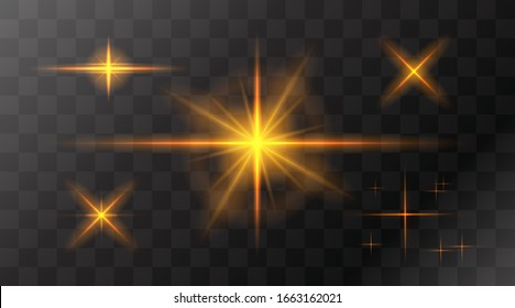 Set of flashes, star burst and sparkles on transparent background. golden glowing effect with light rays. Vector illustration.
