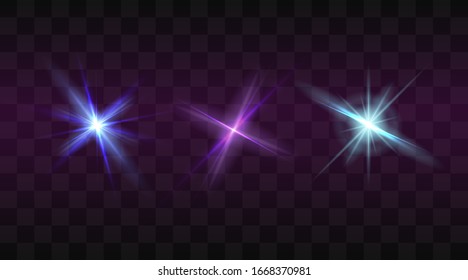 Set of flashes, star burst and sparkles on transparent background. golden glowing effect with light rays. Vector illustration.