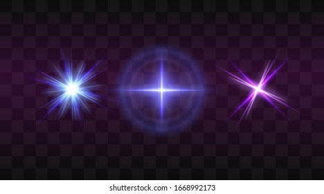 Set of flashes, star burst and sparkles on transparent background. golden glowing effect with light rays. Vector illustration.