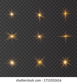 Set of flashes, star burst and sparkles on transparent background. golden glowing effect with light rays. Vector illustration.