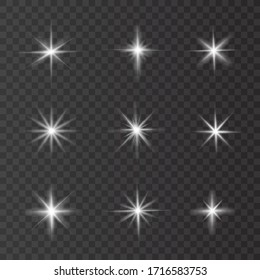 Conjunto de destellos, ráfagas de estrellas y chispas sobre fondo transparente. efecto brillante dorado con rayos de luz. Ilustración vectorial.