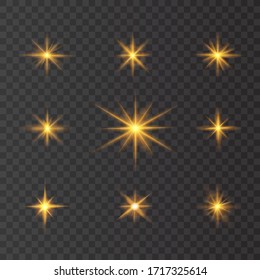 Set of flashes, star burst and sparkles on transparent background. golden glowing effect with light rays. Vector illustration.