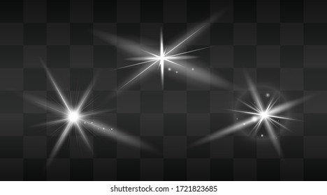 Set of flashes, star burst and sparkles on transparent background. golden glowing effect with light rays. Vector illustration.