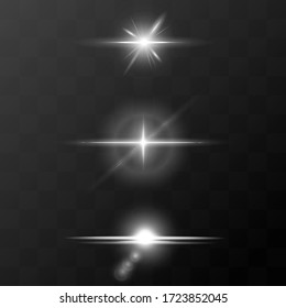 Set of flashes, star burst and sparkles on transparent background. golden glowing effect with light rays. Vector illustration.