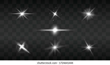 Set of flashes, star burst and sparkles on transparent background. golden glowing effect with light rays. Vector illustration.