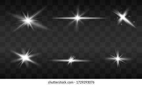 Conjunto de destellos, ráfagas de estrellas y destellos sobre fondo transparente. efecto de brillo dorado con rayos de luz. Ilustración vectorial.