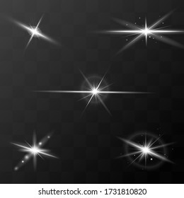 Set of flashes, star burst and sparkles on transparent background. golden glowing effect with light rays. Vector illustration.