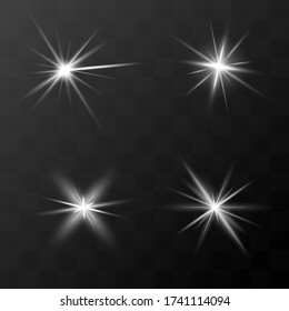 Set of flashes, star burst and sparkles on transparent background. golden glowing effect with light rays. Vector illustration.