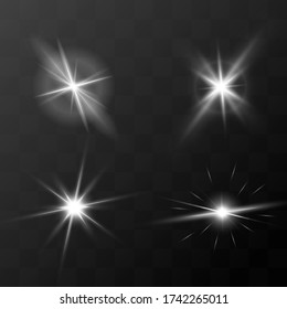 Reihe von Blitzen, Sternschlag und Funkeln auf transparentem Hintergrund. Goldener Glüheffekt mit Lichtstrahlen. Vector-Abbildung.