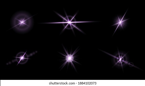 Set of flashes, star burst and sparkles on transparent background. golden glowing effect with light rays. Vector illustration.