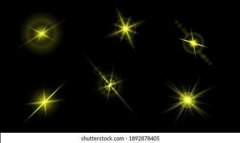 Set of flashes, star burst and sparkles on transparent background. golden glowing effect with light rays. Vector illustration.