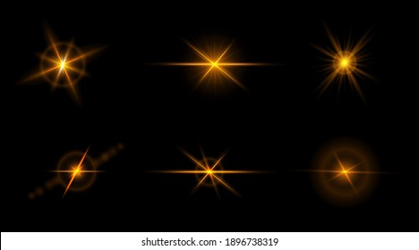 Set of flashes, star burst and sparkles on transparent background. golden glowing effect with light rays. Vector illustration.