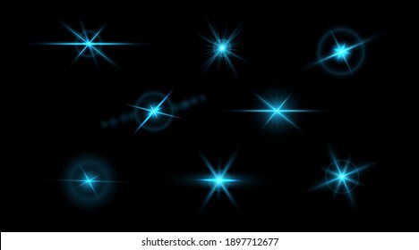 Set of flashes, star burst and sparkles on transparent background. golden glowing effect with light rays. Vector illustration.