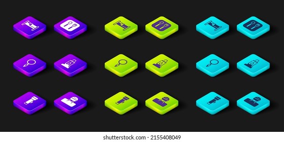 Set Flashlight, Barbecue grill, Magnifying glass, Camping lantern, Fork and spoon and Bed icon. Vector