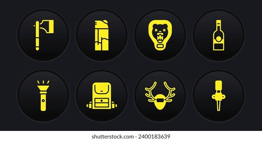 Set Flashlight, Bottle of vodka, Hiking backpack, Deer antlers on shield, Bear head, Lighter, Torch flame and Wooden axe icon. Vector
