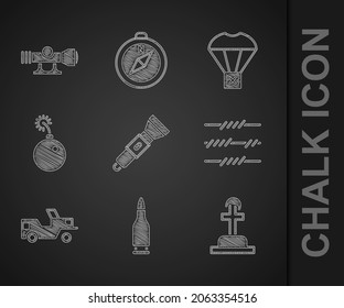 Set Flashlight, Bullet, Soldier grave, Barbed wire, Military jeep, Bomb ready to explode, Box flying on parachute and Sniper optical sight icon. Vector