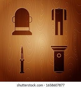 Set Flashlight, Buoy, Army knife and Wetsuit for scuba diving on wooden background. Vector