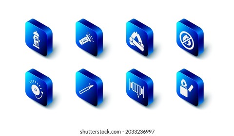 Set Flashlight, Campfire, No, Lighter, Fire hose reel, Metal pike pole, Ringing alarm bell and hydrant icon. Vector