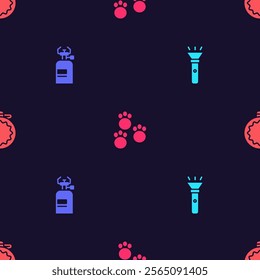 Set Flashlight, Camping gas stove, Paw print and Canteen water bottle on seamless pattern. Vector