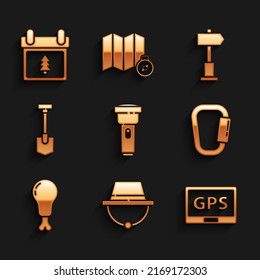 Set Flashlight, Camping hat, Gps device with map, Carabiner, Chicken leg, Shovel, Road traffic signpost and Calendar tree icon. Vector