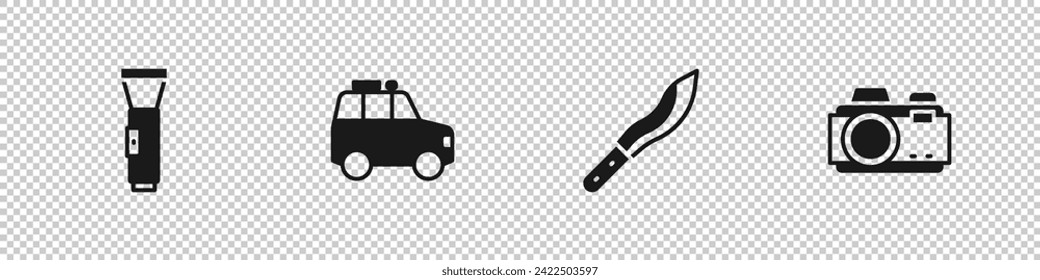 Set Flashlight, Car, Machete and Photo camera icon. Vector