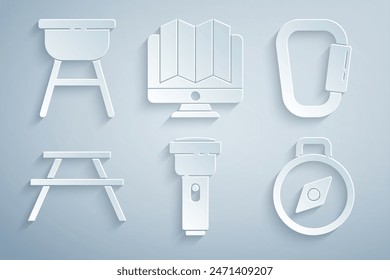 Set Flashlight, Carabiner, Picnic table with benches, Compass, Location of the forest monitor and Barbecue grill icon. Vector