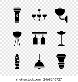Set Flashlight, Chandelier, Wall lamp or sconce, Floor, Lamp hanging, LED bulb,  and Led track lights lamps icon. Vector