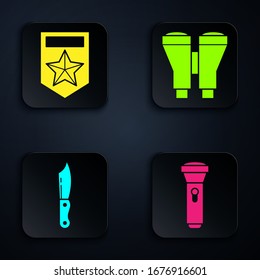 Set Flashlight , Chevron , Militärmesser und Binokulare . Schwarze Quadrat-Taste. Vektorillustration