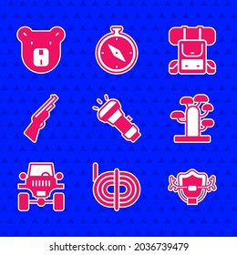 Set Flashlight, Climber rope, Deer antlers on shield, African tree, Off road car, Hunting gun, Hiking backpack and Bear head icon. Vector