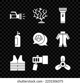 Set Flashlight, Coral, Life jacket, Boat propeller, turbine, Aqualung and Scallop sea shell icon. Vector