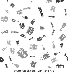 Set Flashlight, Cup of tea with tea bag, Guitar and Rv Camping trailer on seamless pattern. Vector