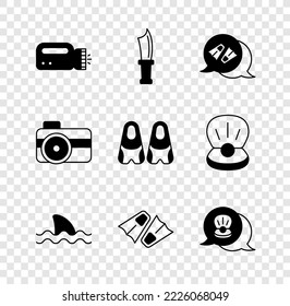 Set Flashlight for diver, Diving knife, Flippers swimming, Shark, Scallop sea shell, Photo camera and icon. Vector