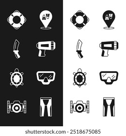 Set Flashlight for diver, Diving knife, Lifebuoy, Flippers swimming, Turtle, mask, Wetsuit scuba diving and Photo camera icon. Vector