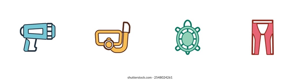 Conjunto de linterna para buceador, máscara de buceo con snorkel, tortuga y traje de buceo icono. Vector