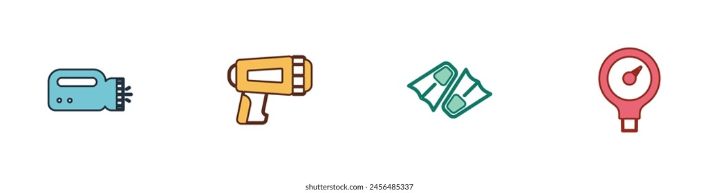 Set Flashlight for diver, , Flippers swimming and Gauge scale icon. Vector