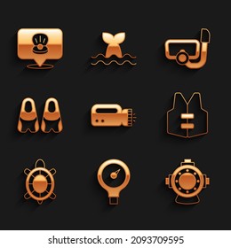 Set Flashlight for diver, Gauge scale, Aqualung, Life jacket, Turtle, Flippers swimming, Diving mask with snorkel and Scallop sea shell icon. Vector