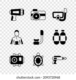 Set Flashlight for diver, Photo camera, Diving mask with snorkel, Turtle, Fishing harpoon, Wetsuit scuba diving and Snorkel icon. Vector
