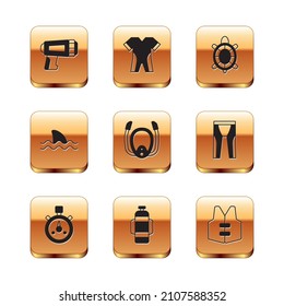 Set Flashlight for diver, Stopwatch, Aqualung, Diving mask with snorkel, Shark, Turtle, Life jacket and Wetsuit scuba diving icon. Vector