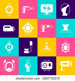 Tauch, Schildkröte, Whale Schwanz, Flippers Schwimmen, Aqualung, Tauchuhr und Angelharpoon Icon. Vektorgrafik